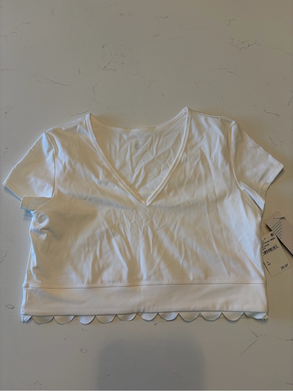 Zella White Athletic V-Neck Scallop Hem Crop Top (NEW)